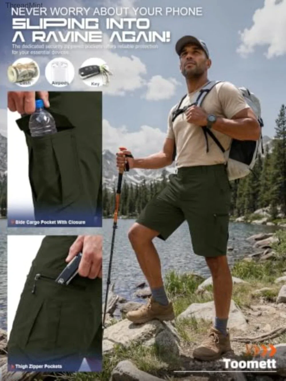 Men's Quick Dry Hiking Cargo Shorts with UPF 50 Nylon Spandex Multi-Pocket
